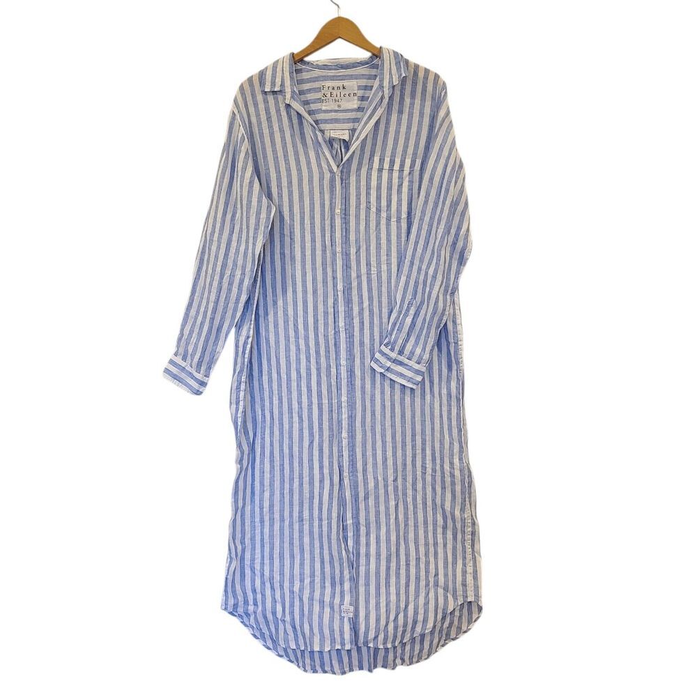 Frank & Eileen Rory Linen Maxi Shirtdress XL Blue White Stripes Casual Beach - Picture 2 of 9